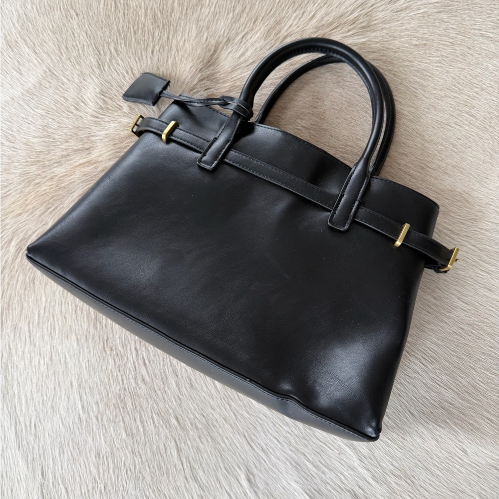 Mango Elegant Black Satchel with Gold Details